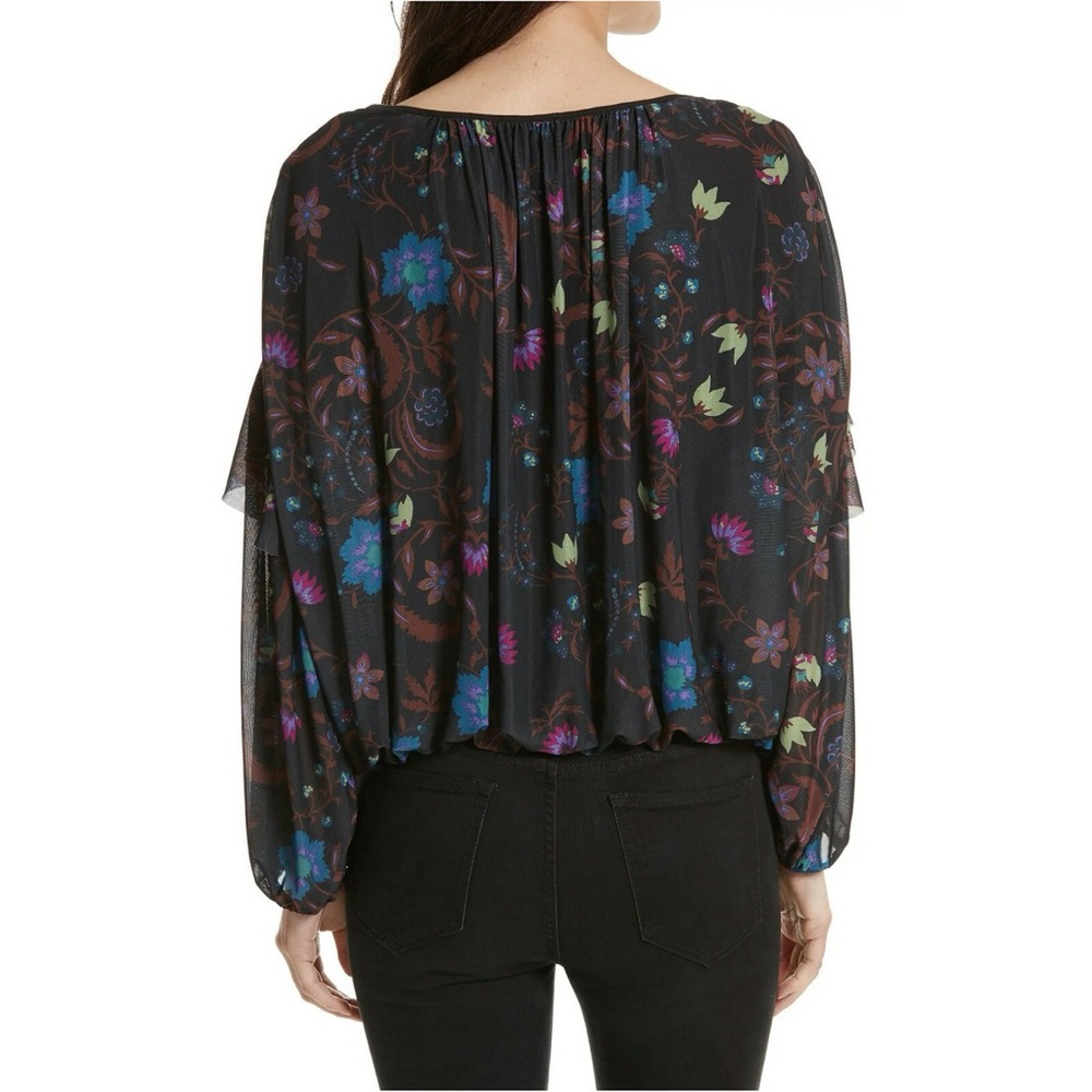FREE PEOPLE Black Wildflower Honey Floral Stretch Mesh Blouse Ruffle Top Medium - Picture 3 of 6